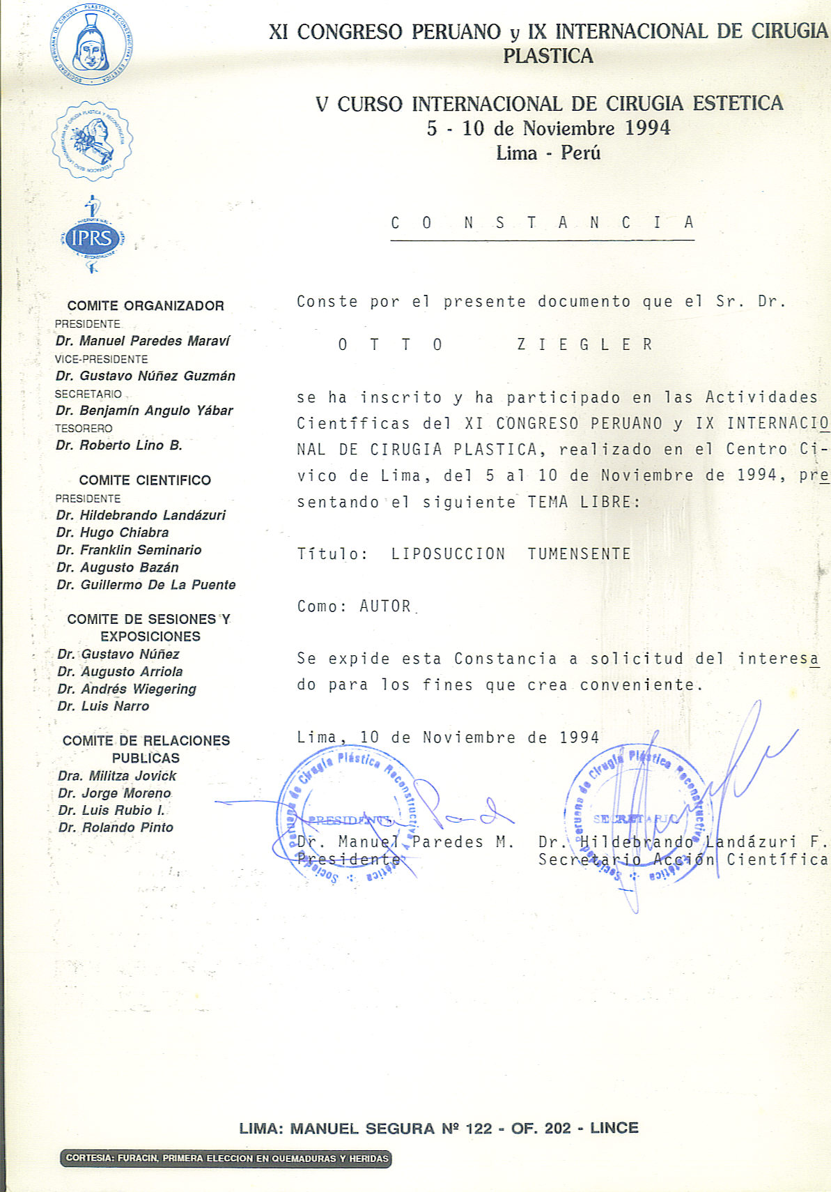 Certificado Rinoplastia 1994