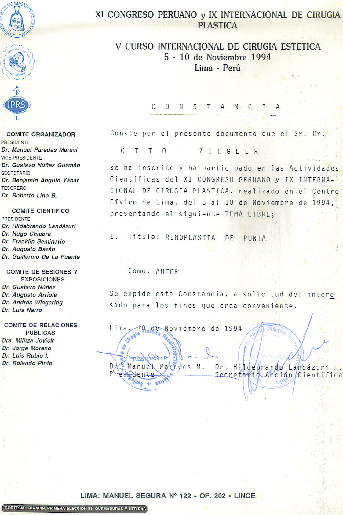 Certificado Rinoplastia 1994
