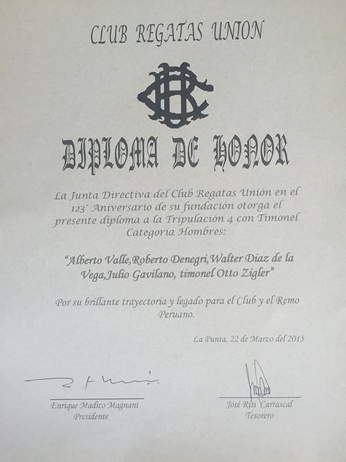 Diploma - Reconocimiento del Club De Regatas Unión de La Punta