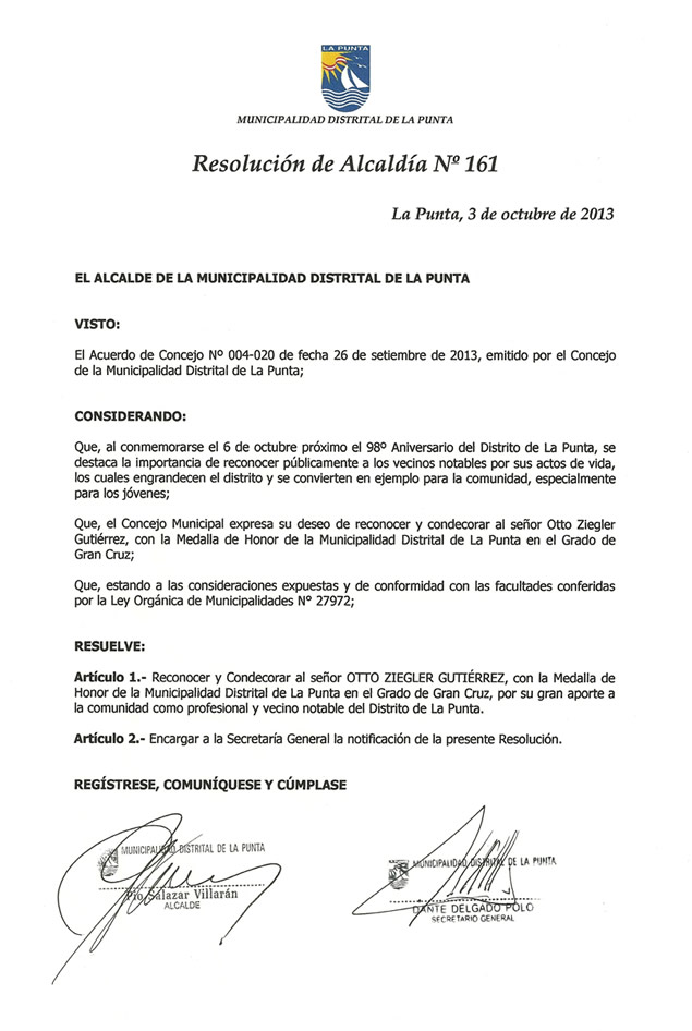 Resolución - Condecoración del la Municipalidad del Concejo Distrital de La Punta